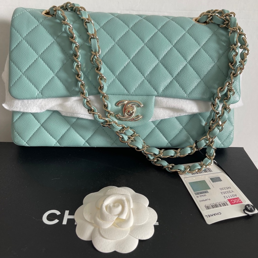 ❌SOLD!!!-❌ NWT! CHANEL Caviar Tiffany Blue Medium ClassicFlap/Champagne Hardware - Picture 1 of 13